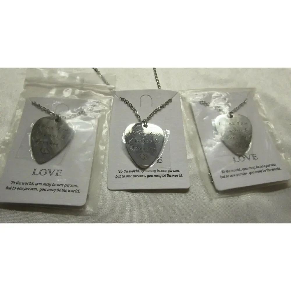 Lot 3 Pc Valentines Day Gift Love Engraved Guitar Pick Silvertone Necklace NEW